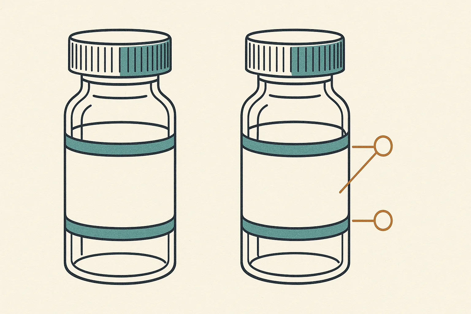 Technical line drawing of two pharmaceutical vials side by side in ink and teal on paper; amber callout rules point to the right vial, whose label bands sit slightly skewed compared with the correct vial on the left. No text or brand marks appear.