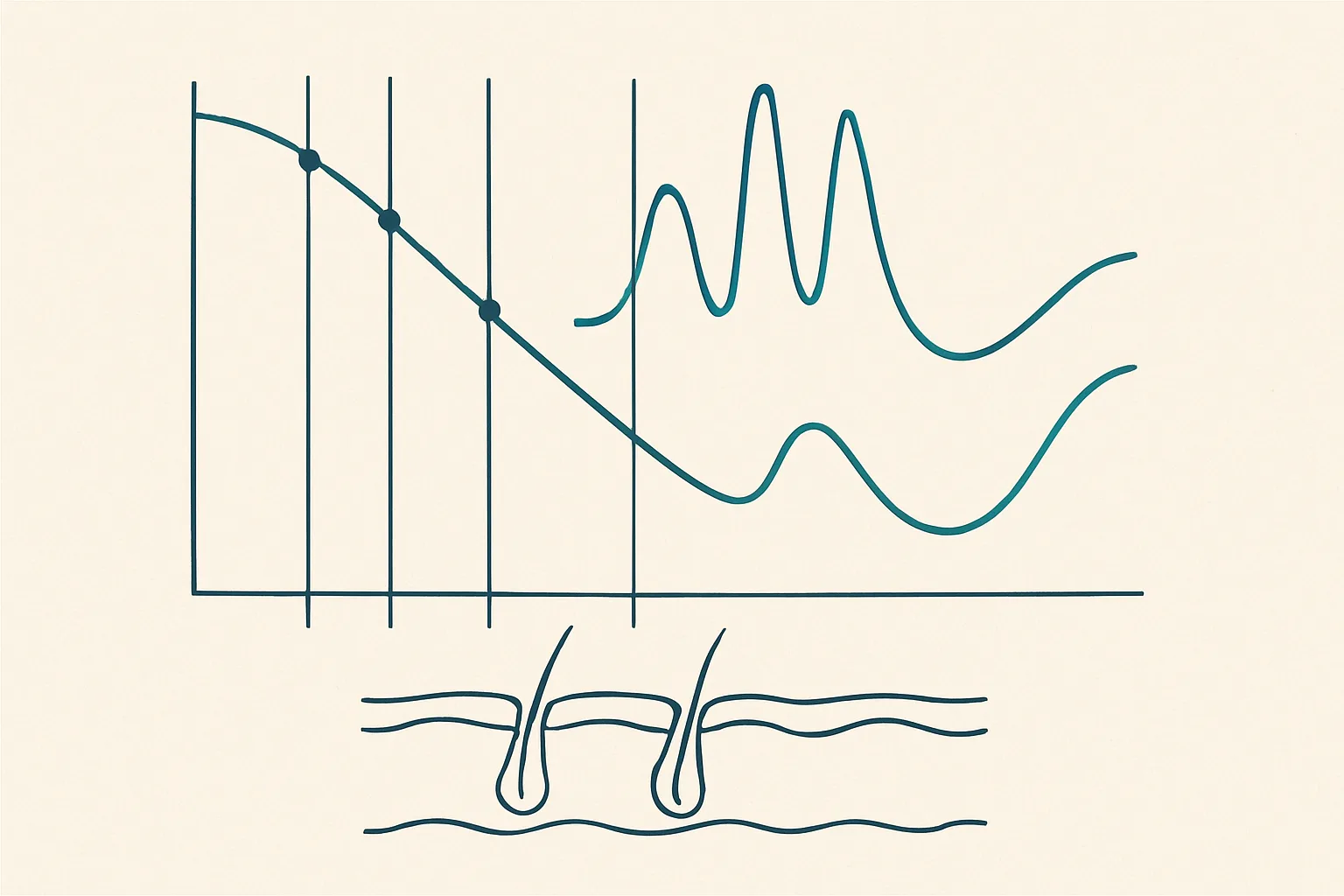 Wordless duotone technical diagram: an unlabeled absorption-spectrum chart with a melanin curve sloping downward, a twin-peaked hemoglobin curve, and a water curve rising at the right, crossed by four thin vertical lines marking laser wavelengths where they meet the melanin curve; below the chart, a small line-drawn skin cross-section with two hair follicles.